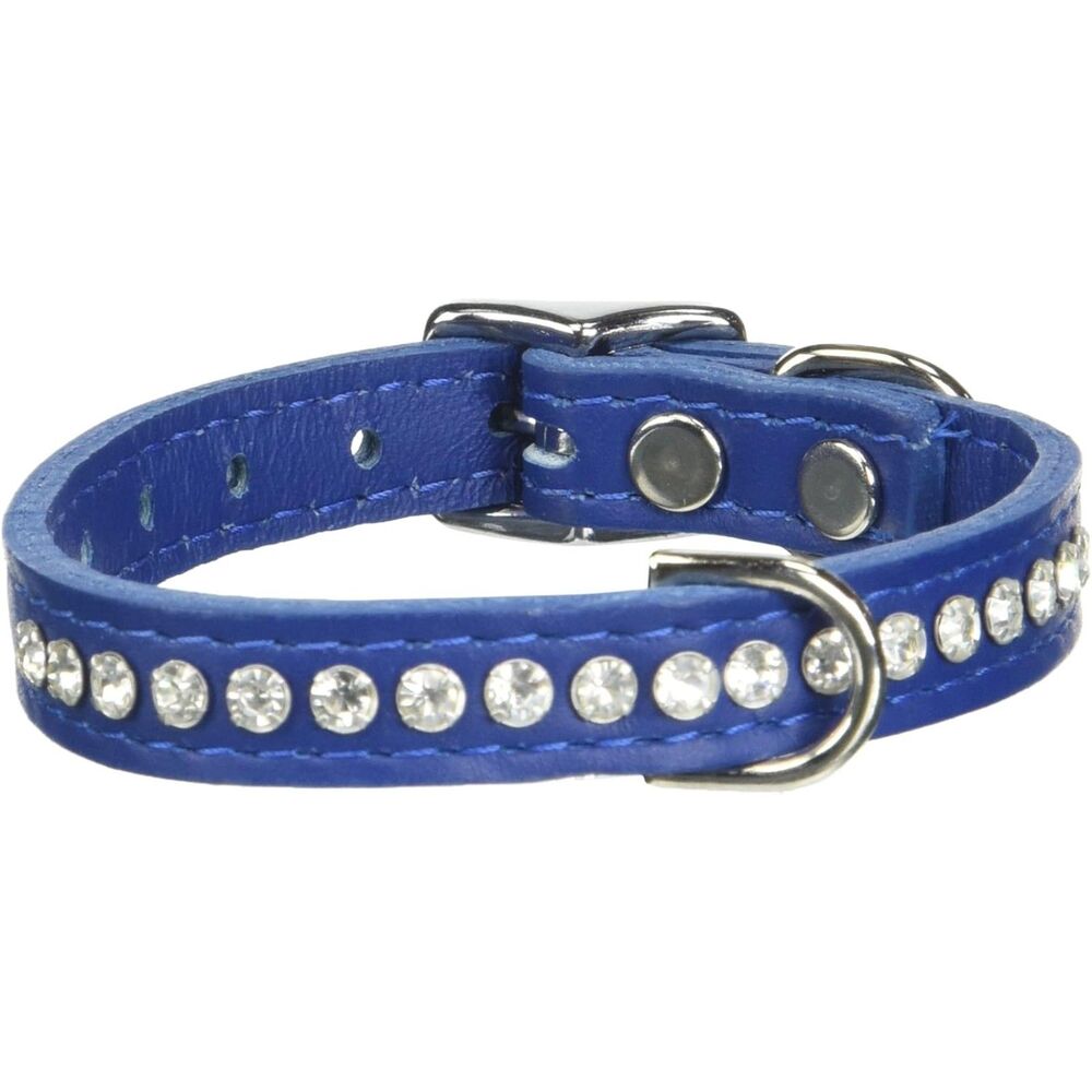 Signature Leather Crystal Dog Collar, Blue Solid Grain Leather, Fits 7.5"-9.5"